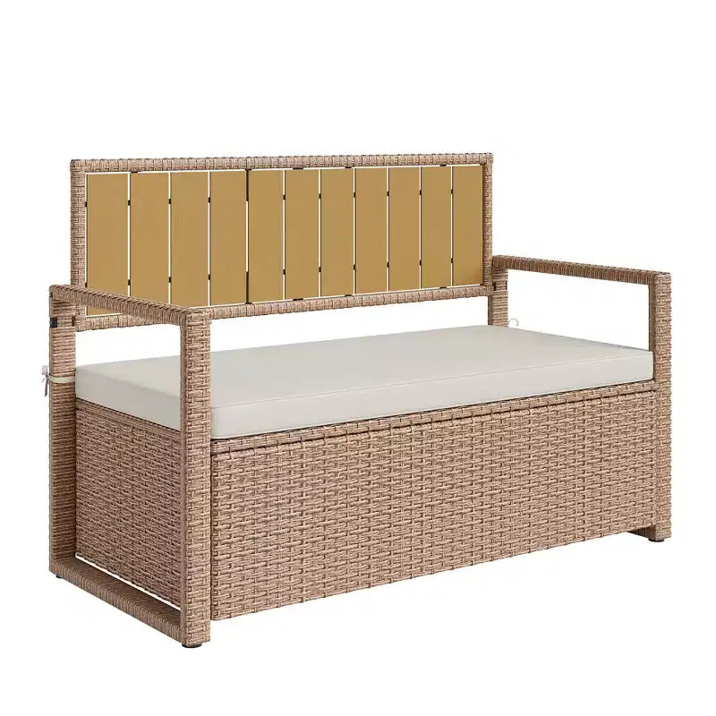 Banc de rangement extérieur 2 places avec coussin, coffre de rangement en rotin PE étanche avec dossier et accoudoirs, cadre métallique