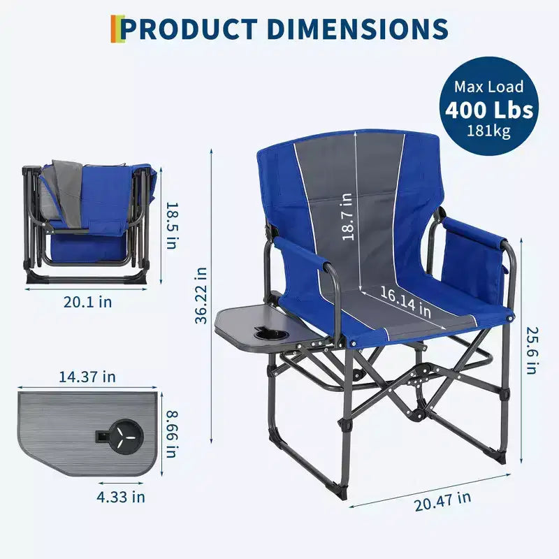 Lot de 2 chaises de réalisateur pliantes surdimensionnées, chaises de camping portables robustes avec table d'appoint et pochette de rangement, supporte 180 kg