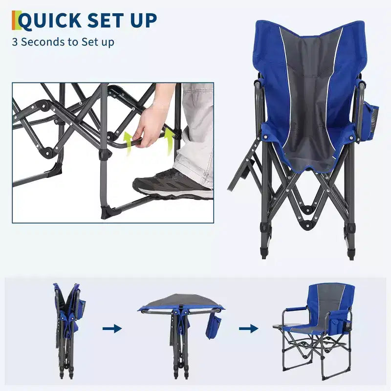 Lot de 2 chaises de réalisateur pliantes surdimensionnées, chaises de camping portables robustes avec table d'appoint et pochette de rangement, supporte 180 kg