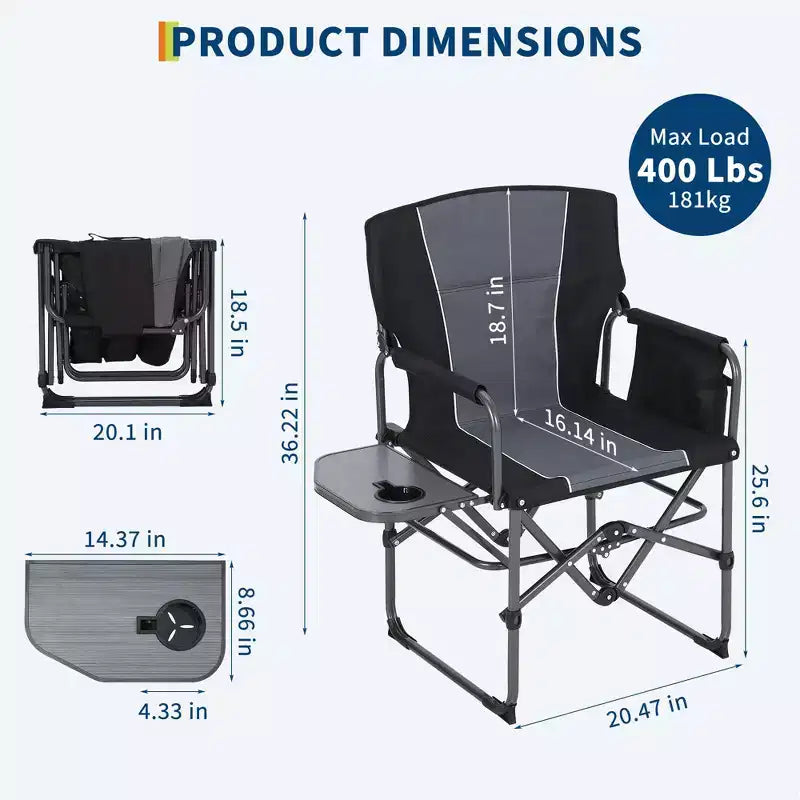 Lot de 2 chaises de réalisateur pliantes surdimensionnées, chaises de camping portables robustes avec table d'appoint et pochette de rangement, supporte 180 kg