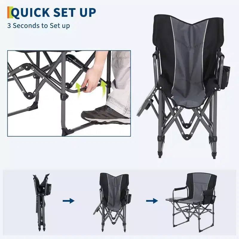 Lot de 2 chaises de réalisateur pliantes surdimensionnées, chaises de camping portables robustes avec table d'appoint et pochette de rangement, supporte 180 kg