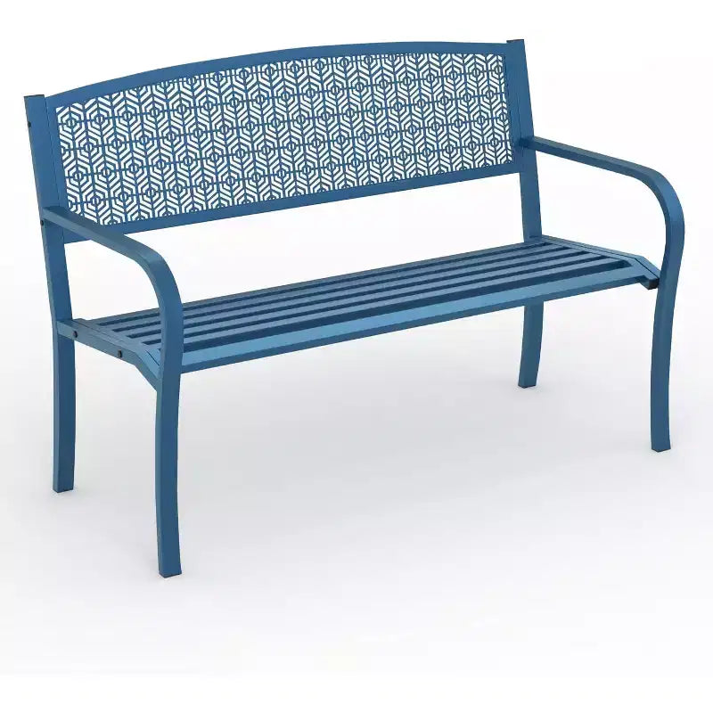 50 Outdoor Metal Garden Bench, Patio Steel Bench with Curved Backrest, Decorative Pattern, Weather-Resistant Porch Bench for Yard, Park, Backyard