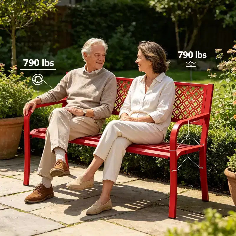 Banc de jardin en acier pour 2 personnes avec dossier géométrique, capacité de 358 kg, résistant aux intempéries, pour porche, cour, balcon et entrée