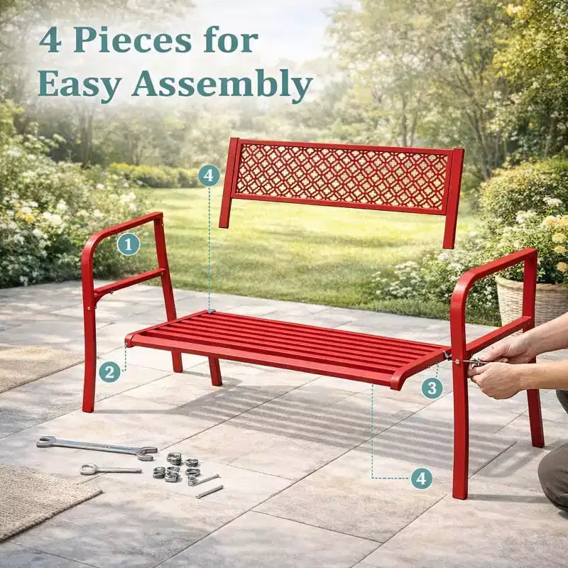 Banc de jardin en acier pour 2 personnes avec dossier géométrique, capacité de 358 kg, résistant aux intempéries, pour porche, cour, balcon et entrée