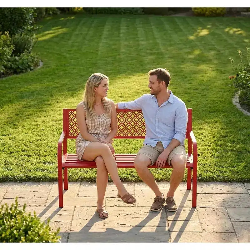 Banc de jardin en acier pour 2 personnes avec dossier géométrique, capacité de 358 kg, résistant aux intempéries, pour porche, cour, balcon et entrée