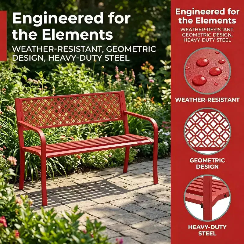 Banc de jardin en acier pour 2 personnes avec dossier géométrique, capacité de 358 kg, résistant aux intempéries, pour porche, cour, balcon et entrée