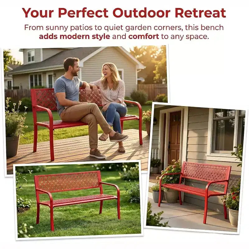 Banc de jardin en acier pour 2 personnes avec dossier géométrique, capacité de 358 kg, résistant aux intempéries, pour porche, cour, balcon et entrée