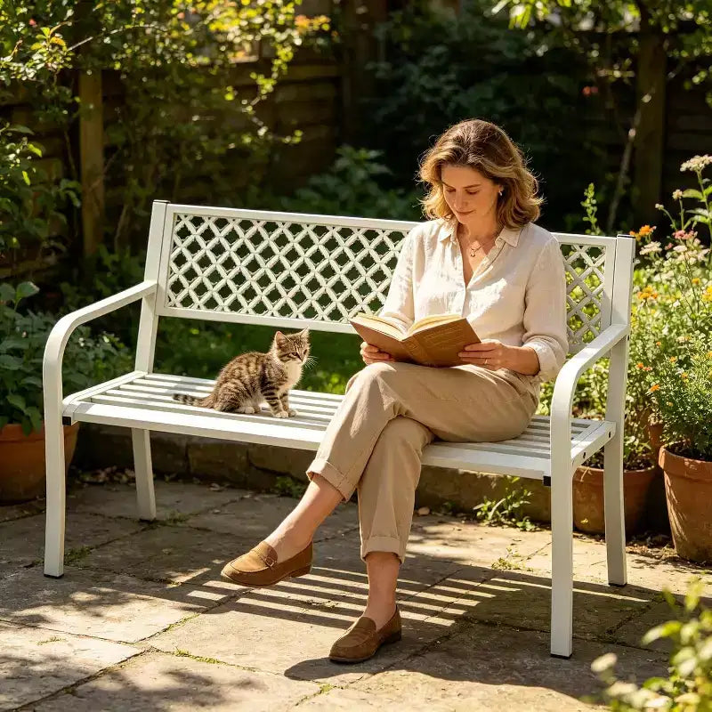 Banc de jardin en acier pour 2 personnes avec dossier géométrique, capacité de 358 kg, résistant aux intempéries, pour porche, cour, balcon et entrée