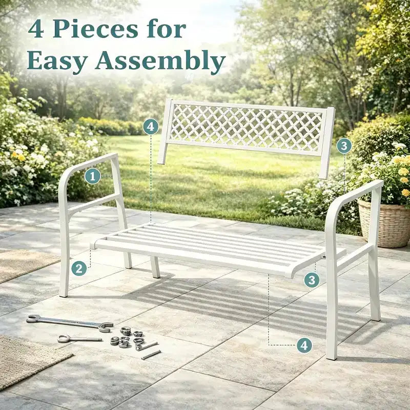 Banc de jardin en acier pour 2 personnes avec dossier géométrique, capacité de 358 kg, résistant aux intempéries, pour porche, cour, balcon et entrée