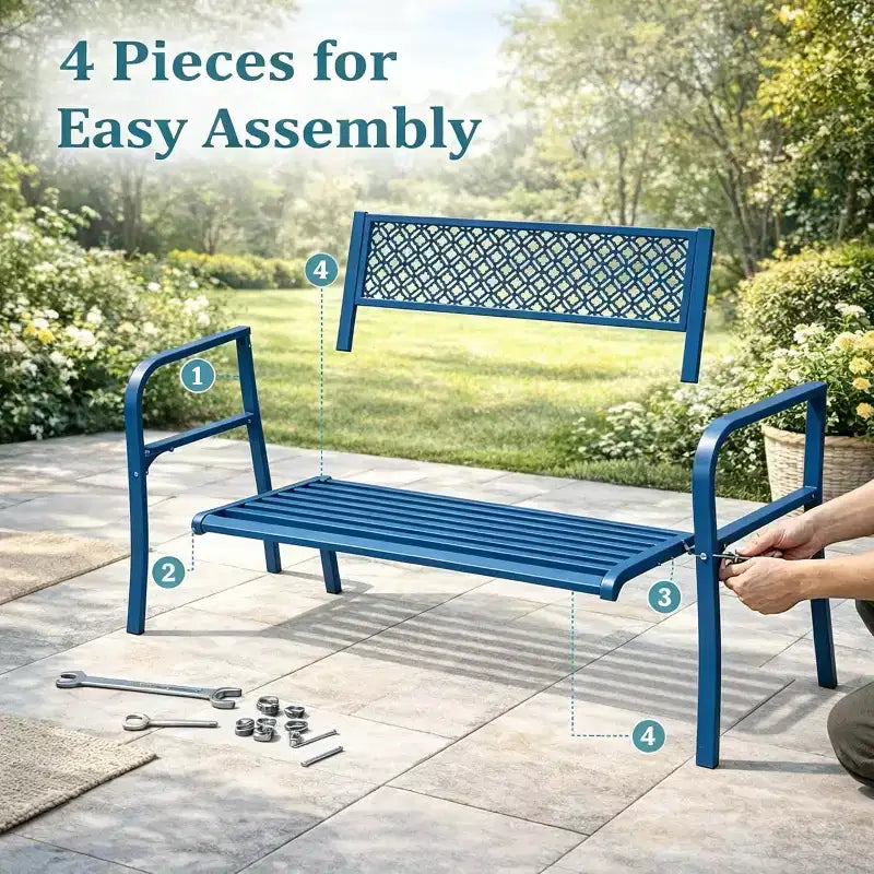 Banc de jardin en acier pour 2 personnes avec dossier géométrique, capacité de 358 kg, résistant aux intempéries, pour porche, cour, balcon et entrée