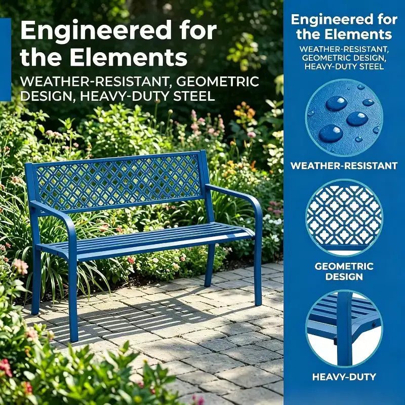 Banc de jardin en acier pour 2 personnes avec dossier géométrique, capacité de 358 kg, résistant aux intempéries, pour porche, cour, balcon et entrée