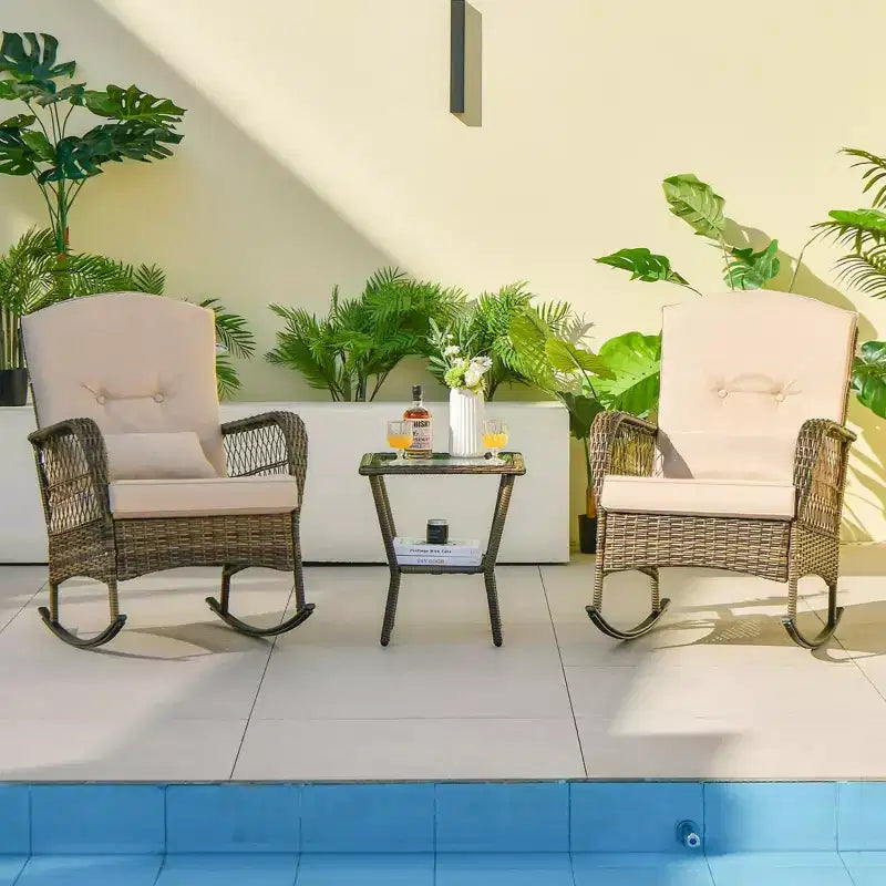 Lot de 2 chaises berçantes d'extérieur en osier avec coussins épais et oreiller lombaire, housses amovibles et lavables, mobilier de patio toutes saisons pour porche