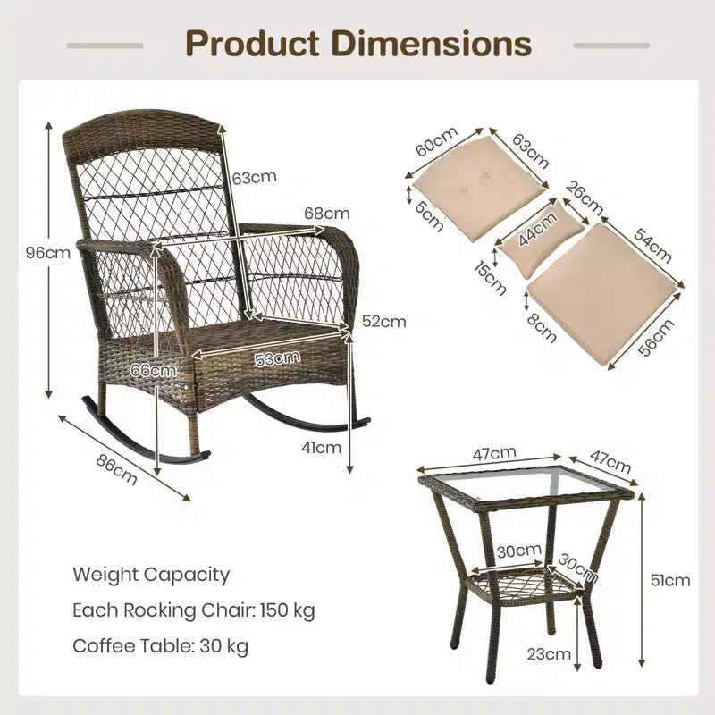Lot de 2 chaises berçantes d'extérieur en osier avec coussins épais et oreiller lombaire, housses amovibles et lavables, mobilier de patio toutes saisons pour porche