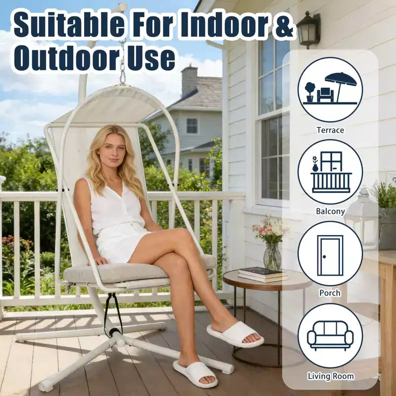 GDFStudio Fauteuil Suspendu en Forme d'Œuf Moderne Aleksei en Métal pour Patio avec Coussin Résistant à l'Eau et aux UV