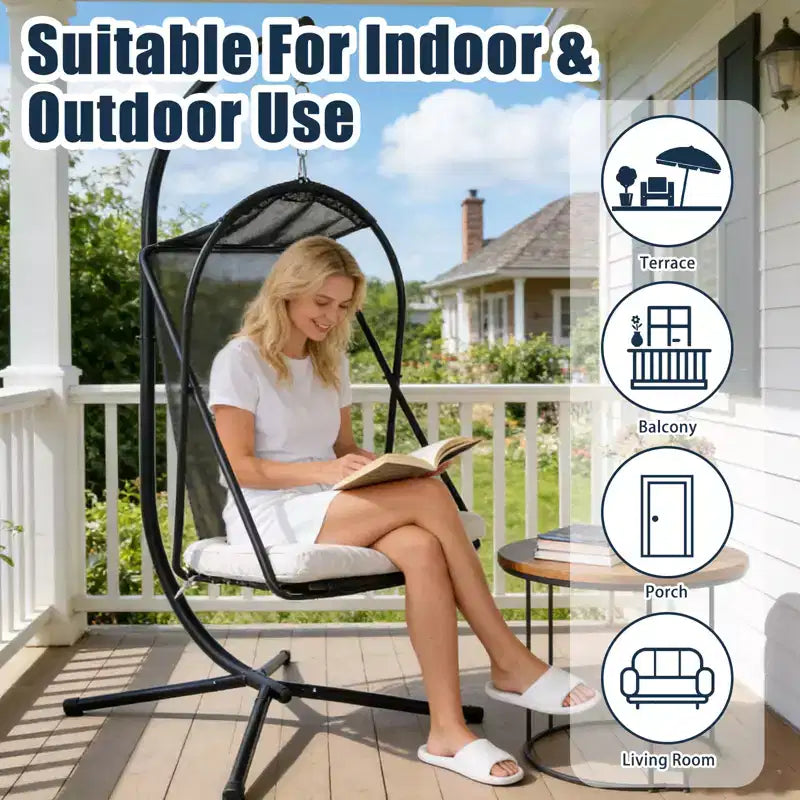 GDFStudio Fauteuil Suspendu en Forme d'Œuf Moderne Aleksei en Métal pour Patio avec Coussin Résistant à l'Eau et aux UV
