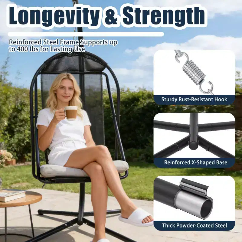 GDFStudio Aleksei Modern Metal Patio Hanging Egg Chair with Water and UV Resistant Cushion