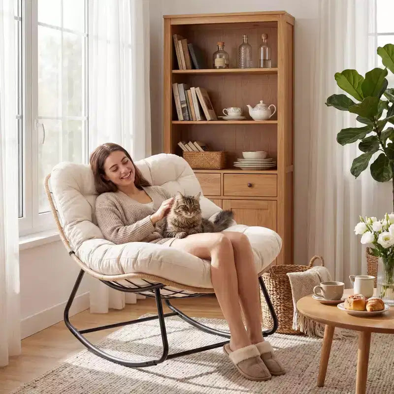 Chaise à bascule d'extérieur avec polaire douce, cadre en acier en rotin et bois d'hévéa, coussin résistant aux UV, poche latérale et capacité de charge de 204 kg pour patio et chambre d'enfant.