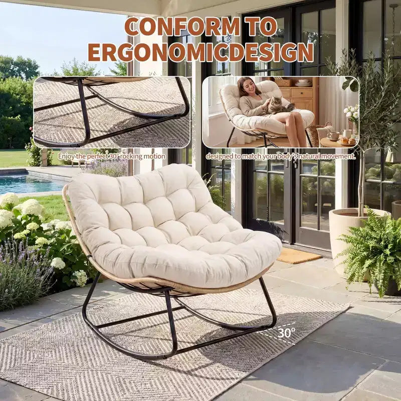 Chaise à bascule d'extérieur avec polaire douce, cadre en acier en rotin et bois d'hévéa, coussin résistant aux UV, poche latérale et capacité de charge de 204 kg pour patio et chambre d'enfant.