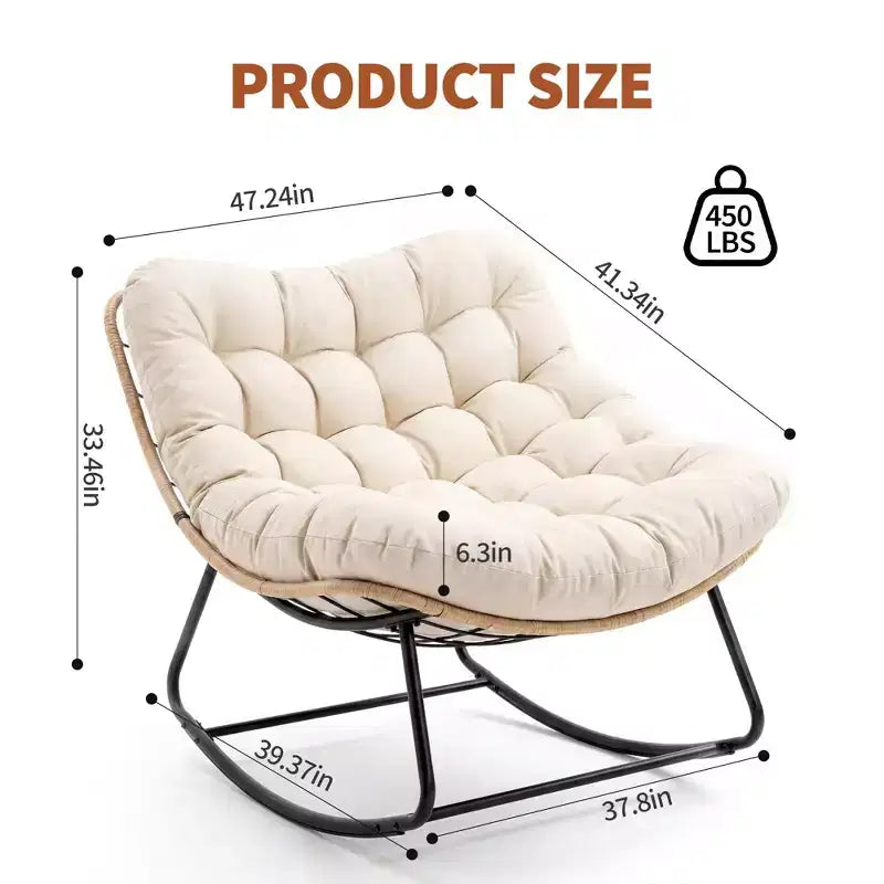 Chaise à bascule d'extérieur avec polaire douce, cadre en acier en rotin et bois d'hévéa, coussin résistant aux UV, poche latérale et capacité de charge de 204 kg pour patio et chambre d'enfant.