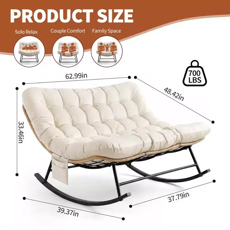 Chaise à bascule d'extérieur avec polaire douce, cadre en acier en rotin et bois d'hévéa, coussin résistant aux UV, poche latérale et capacité de charge de 204 kg pour patio et chambre d'enfant.
