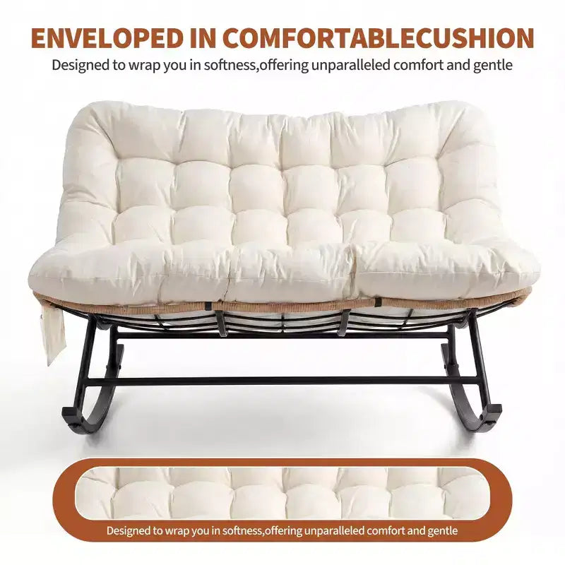 Chaise à bascule d'extérieur avec polaire douce, cadre en acier en rotin et bois d'hévéa, coussin résistant aux UV, poche latérale et capacité de charge de 204 kg pour patio et chambre d'enfant.