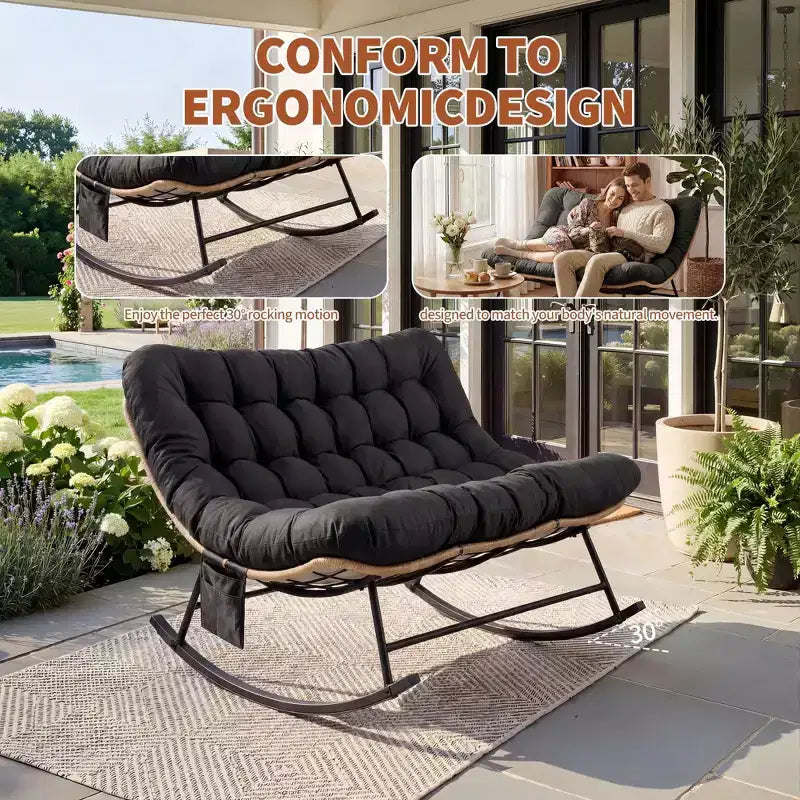 Chaise à bascule d'extérieur avec polaire douce, cadre en acier en rotin et bois d'hévéa, coussin résistant aux UV, poche latérale et capacité de charge de 204 kg pour patio et chambre d'enfant.