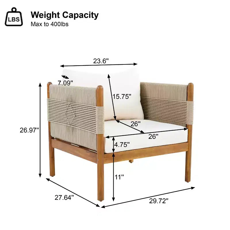 ModernLuxe Lot de 2 Chaises d'appoint de Patio Chaises de Salle à Manger en Corde Fauteuil de Jardin Fauteuil Lounge Individuel avec Coussin Moelleux et Cadre Résistant aux Intempéries