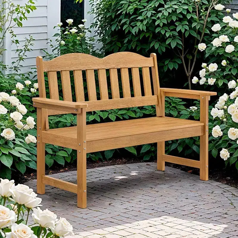 Banc de jardin, banc de patio 2 places en bois de polyéthylène, causeuse de patio à lattes, banc de porche toutes saisons pour patio, cour et parc de jardin