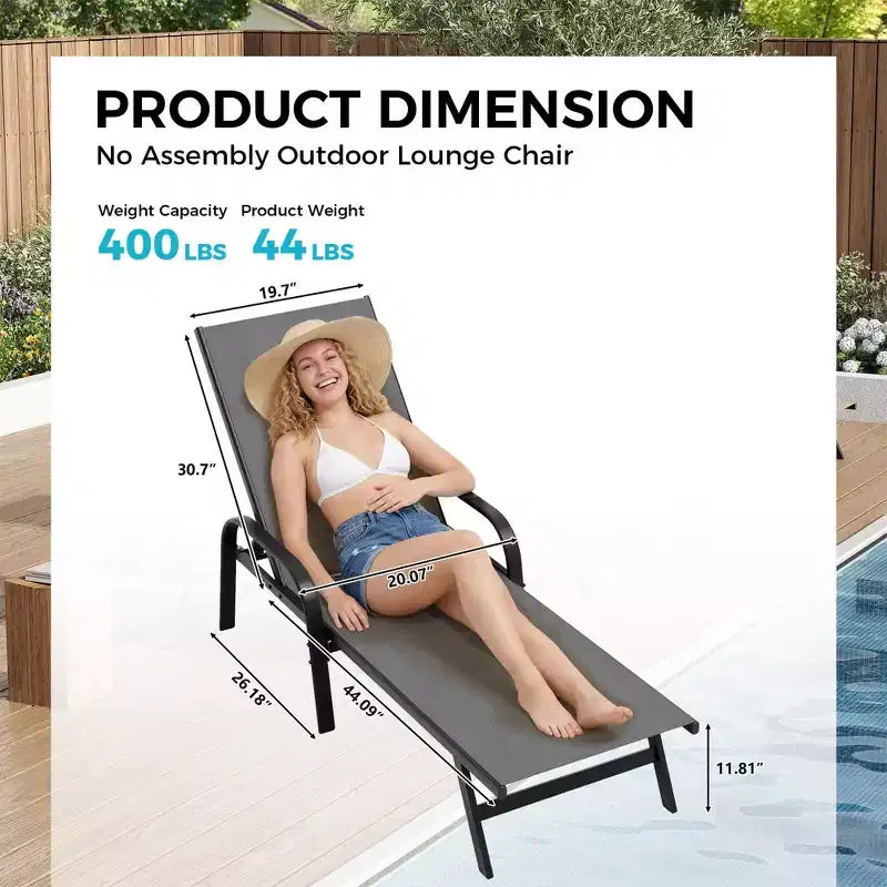 Ensemble de 2 chaises longues d'extérieur, chaise longue de patio inclinable 5 positions, tissu textilène respirant, cadre en métal, fauteuil inclinable de patio pour jardin, balcon