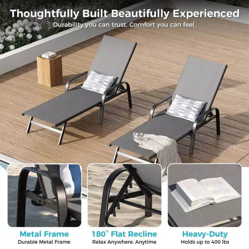 Ensemble de 2 chaises longues d'extérieur, chaise longue de patio inclinable 5 positions, tissu textilène respirant, cadre en métal, fauteuil inclinable de patio pour jardin, balcon