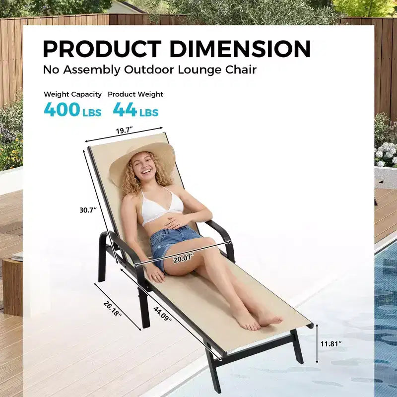 Ensemble de 2 chaises longues d'extérieur, chaise longue de patio inclinable 5 positions, tissu textilène respirant, cadre en métal, fauteuil inclinable de patio pour jardin, balcon
