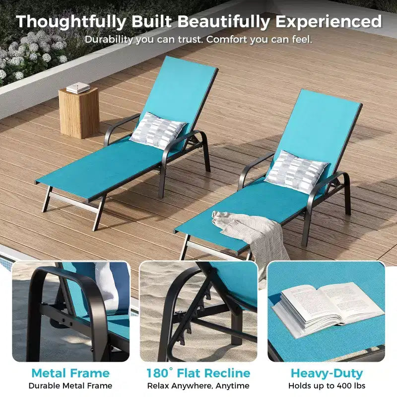Ensemble de 2 chaises longues d'extérieur, chaise longue de patio inclinable 5 positions, tissu textilène respirant, cadre en métal, fauteuil inclinable de patio pour jardin, balcon