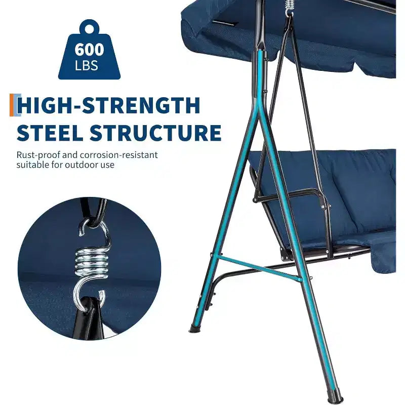 Balançoire de porche LinTimes avec support et auvent réglable, capacité de 272 kg, cadre en métal thermolaqué, tissu résistant à l'eau pour patio, jardin