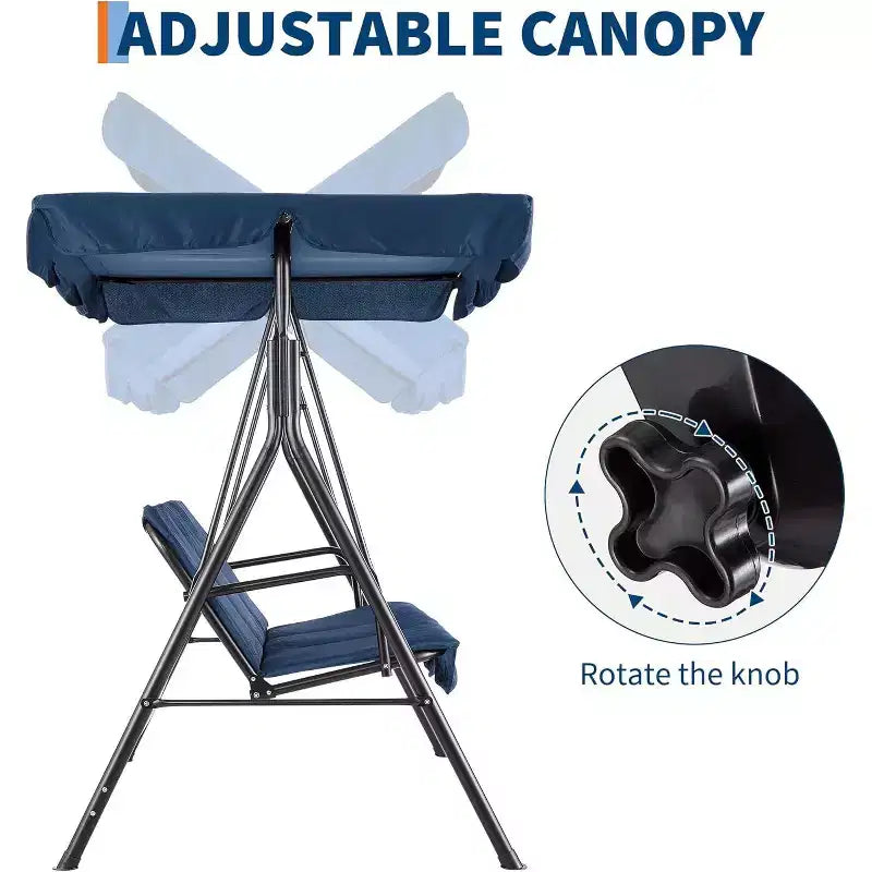 Balançoire de porche LinTimes avec support et auvent réglable, capacité de 272 kg, cadre en métal thermolaqué, tissu résistant à l'eau pour patio, jardin