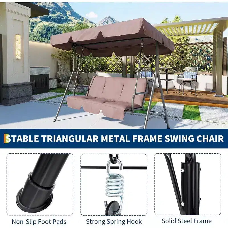 Balançoire de porche LinTimes avec support et auvent réglable, capacité de 272 kg, cadre en métal thermolaqué, tissu résistant à l'eau pour patio, jardin