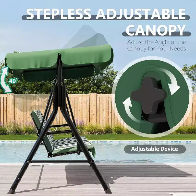 Balançoire de porche LinTimes avec support et auvent réglable, capacité de 272 kg, cadre en métal thermolaqué, tissu résistant à l'eau pour patio, jardin
