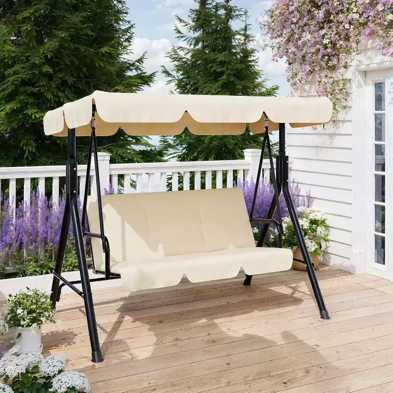 Balançoire de porche LinTimes avec support et auvent réglable, capacité de 272 kg, cadre en métal thermolaqué, tissu résistant à l'eau pour patio, jardin