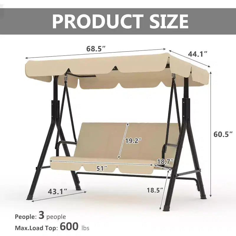 Balançoire de porche LinTimes avec support et auvent réglable, capacité de 272 kg, cadre en métal thermolaqué, tissu résistant à l'eau pour patio, jardin