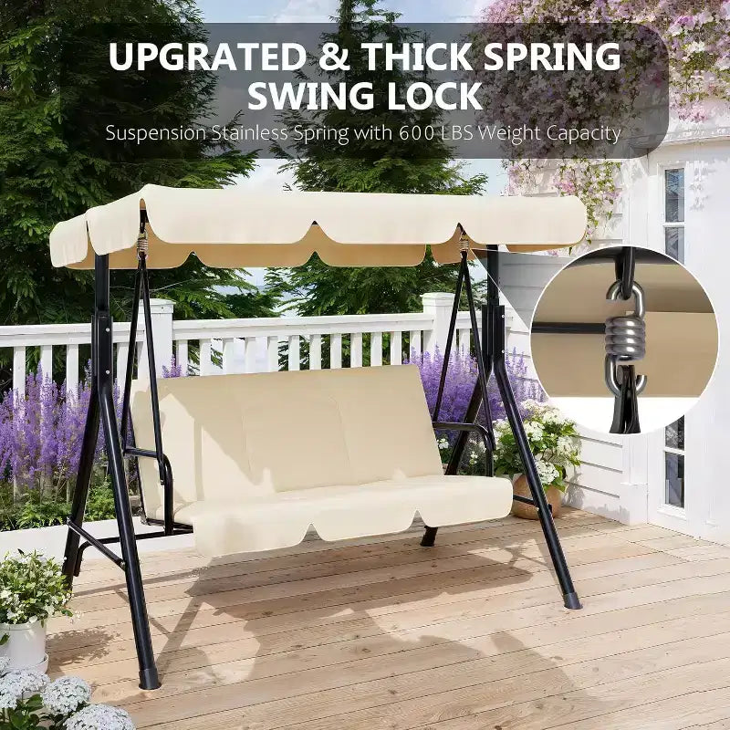 Balançoire de porche LinTimes avec support et auvent réglable, capacité de 272 kg, cadre en métal thermolaqué, tissu résistant à l'eau pour patio, jardin
