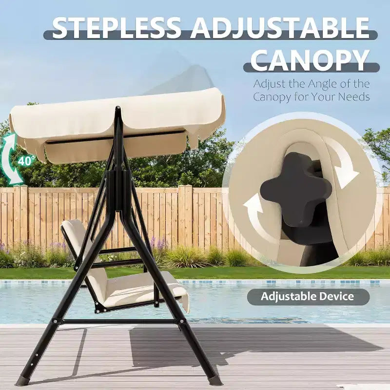 Balançoire de porche LinTimes avec support et auvent réglable, capacité de 272 kg, cadre en métal thermolaqué, tissu résistant à l'eau pour patio, jardin