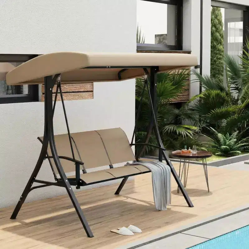Balançoire de porche LinTimes avec support et auvent réglable, capacité de 272 kg, cadre en métal thermolaqué, tissu résistant à l'eau pour patio, jardin