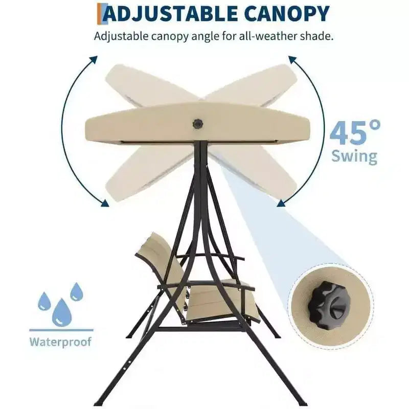 Balançoire de porche LinTimes avec support et auvent réglable, capacité de 272 kg, cadre en métal thermolaqué, tissu résistant à l'eau pour patio, jardin