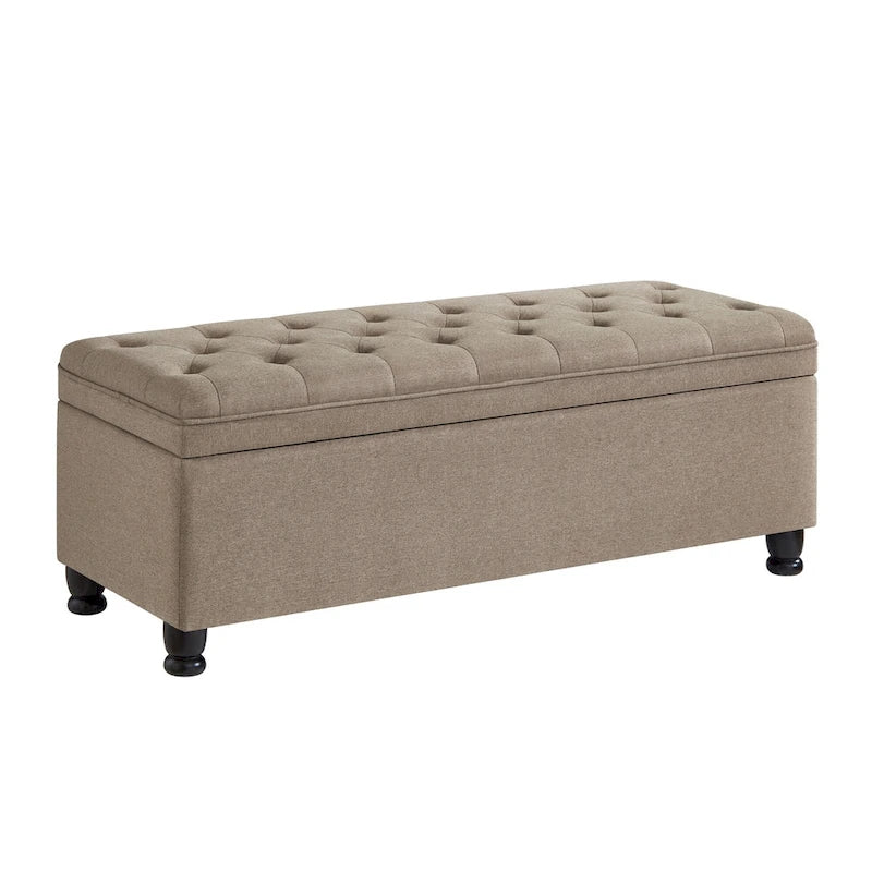Banc de rangement capitonné en tissu de lin avec pieds fuselés en bois