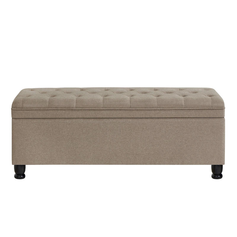 Banc de rangement capitonné en tissu de lin avec pieds fuselés en bois