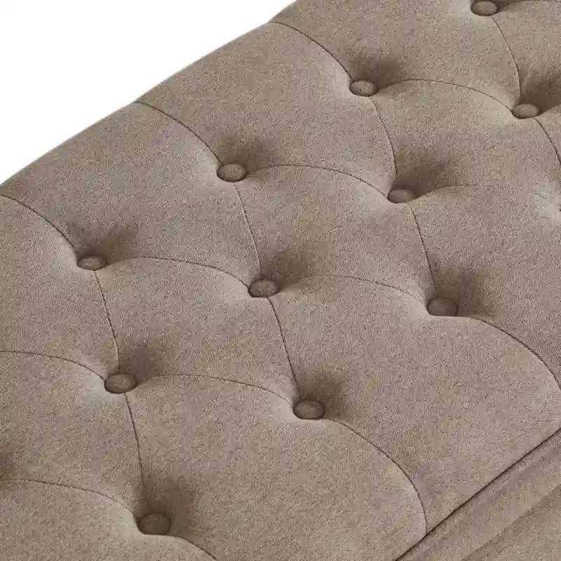 Banc de rangement capitonné en tissu de lin avec pieds fuselés en bois