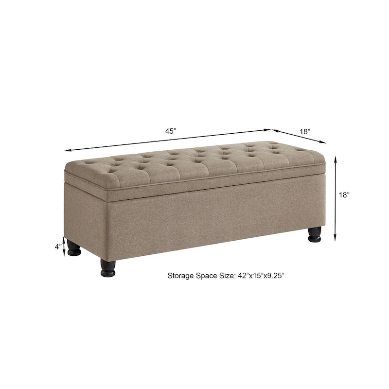 Banc de rangement capitonné en tissu de lin avec pieds fuselés en bois