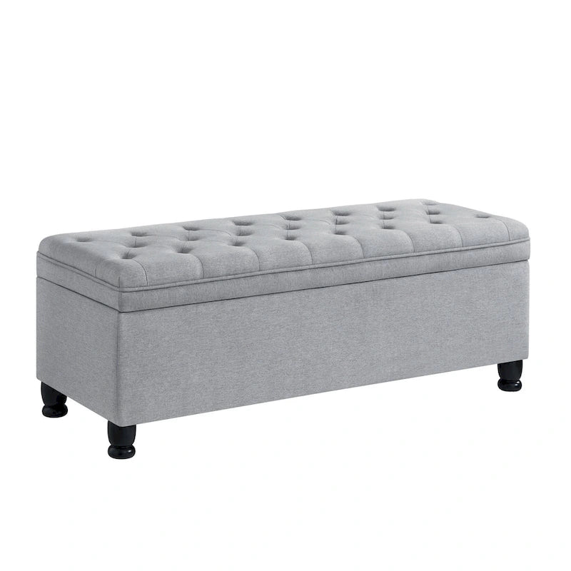 Banc de rangement capitonné en tissu de lin avec pieds fuselés en bois