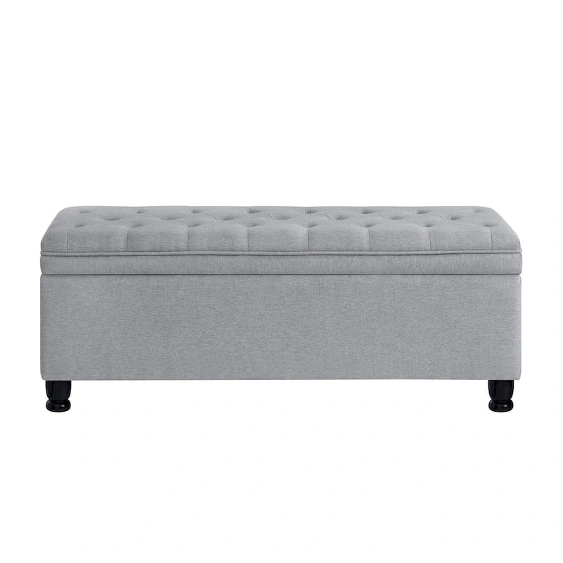 Banc de rangement capitonné en tissu de lin avec pieds fuselés en bois