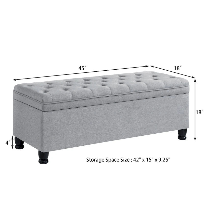 Banc de rangement capitonné en tissu de lin avec pieds fuselés en bois
