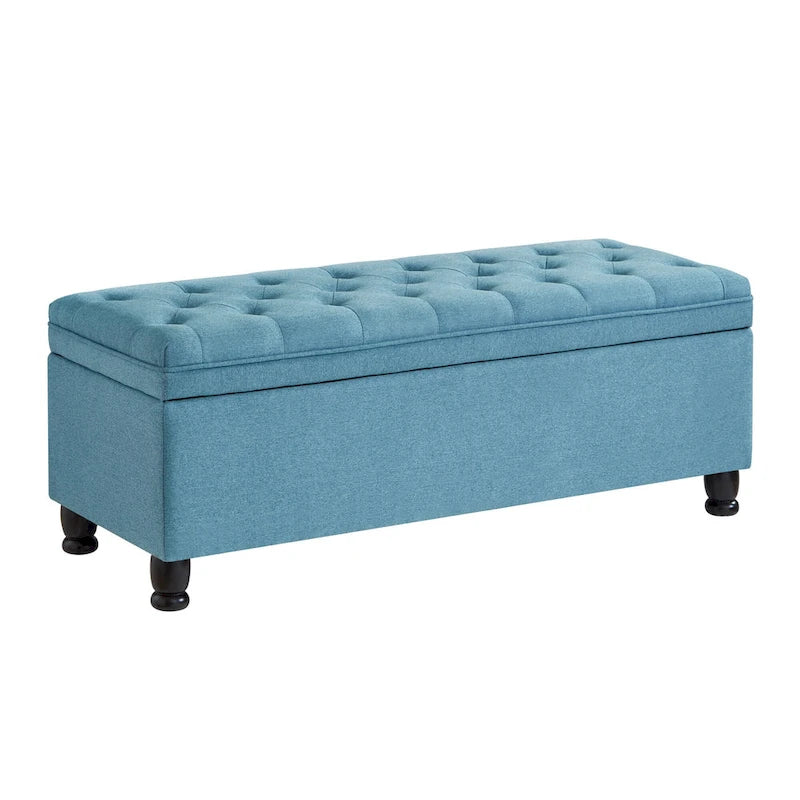 Banc de rangement capitonné en tissu de lin avec pieds fuselés en bois